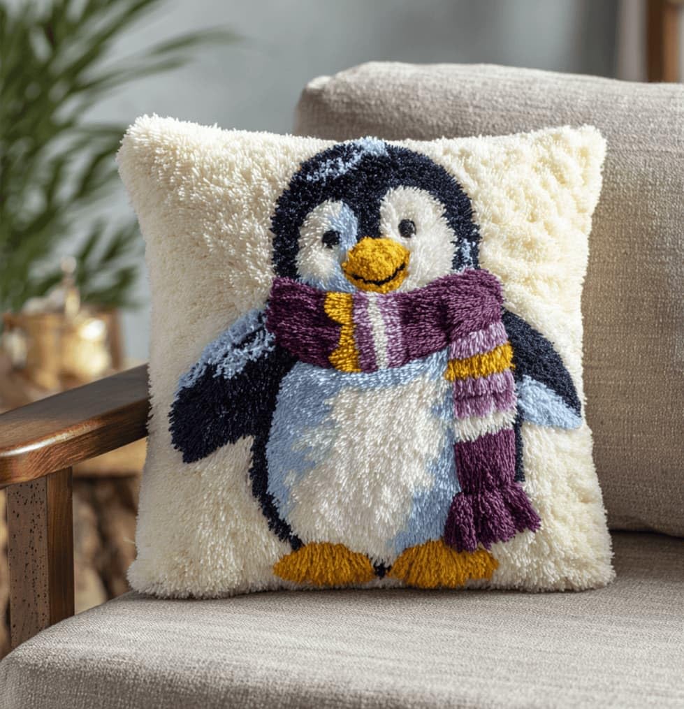Beginner Latch Hook Cushion Kit,Penguin Decor Pillow Cover 43X43Cm