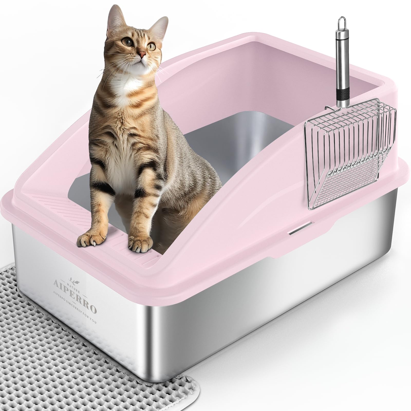 AIPERRO Stainless Steel Litter Box | XL Enclosed Cat Litter Boxes with Lid | High Sided for Big Cats | Anti-Urine Leakage, Non-Stick Bottom, Easy to Clean | Includes Litter Mat & Metal Scoop | Cute Pink Cute Pink X-Large
