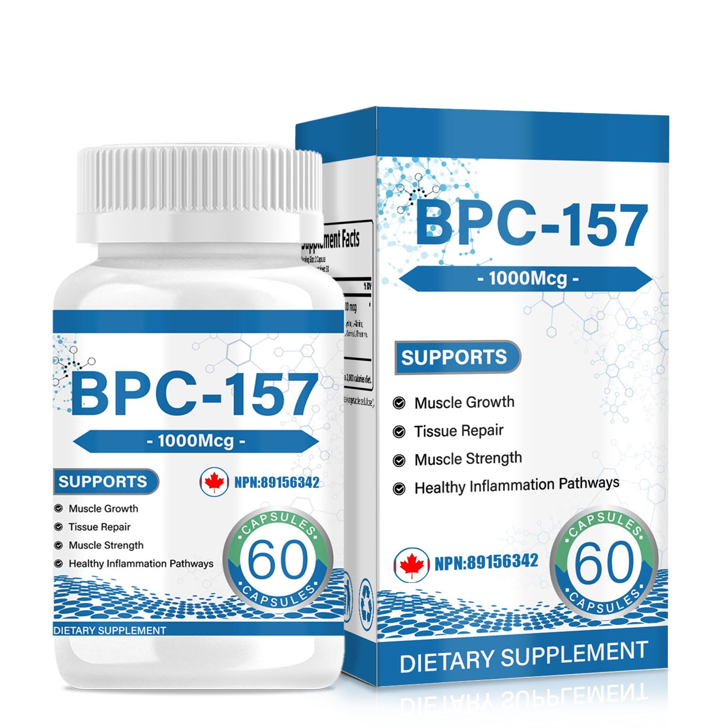 BPC 157 Peptide Capsules 1000 mcg, supports muscle growth, tissue repair, strength, non-GMO, gluten-free, 60 capsules