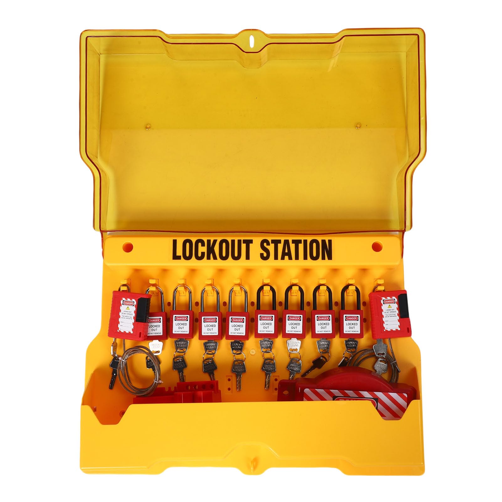 LiebeWH Kit Loto Lockout Tagout Station, Pannello Muro Giallo per PC con 8 Lucchetti 20 Etichette 3 Ganci 6 Serrature con Interruttore Automatico per Apparecchiature di Sicurezza Industriale