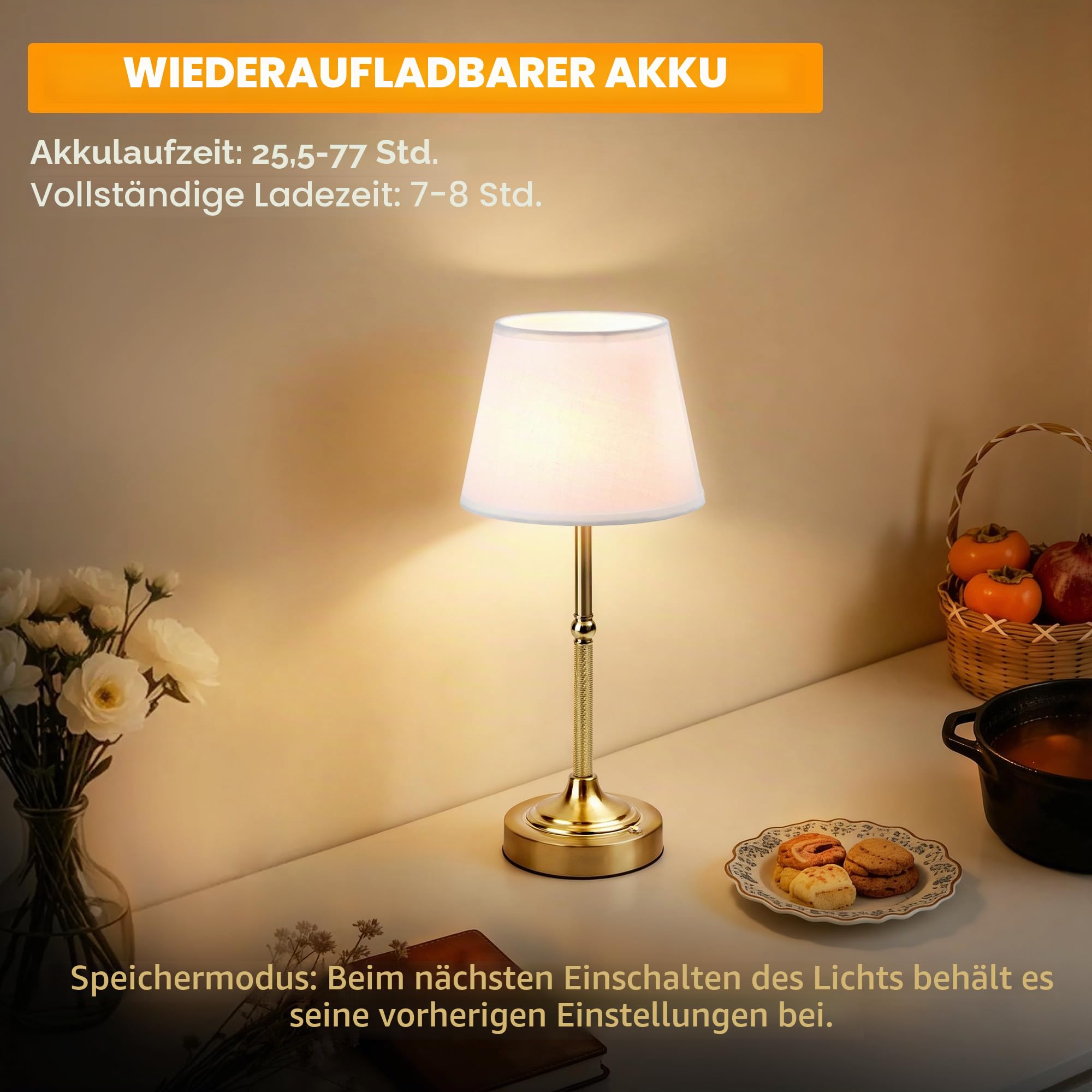 LUTEC Kabellose Tischlampe, batteriebetriebene Lampe, 3 Farben, stufenloses Dimmen, kleine Touch-Nachttischlampe, Heimdekoration für Esszimmer, Theke (2, Gold)