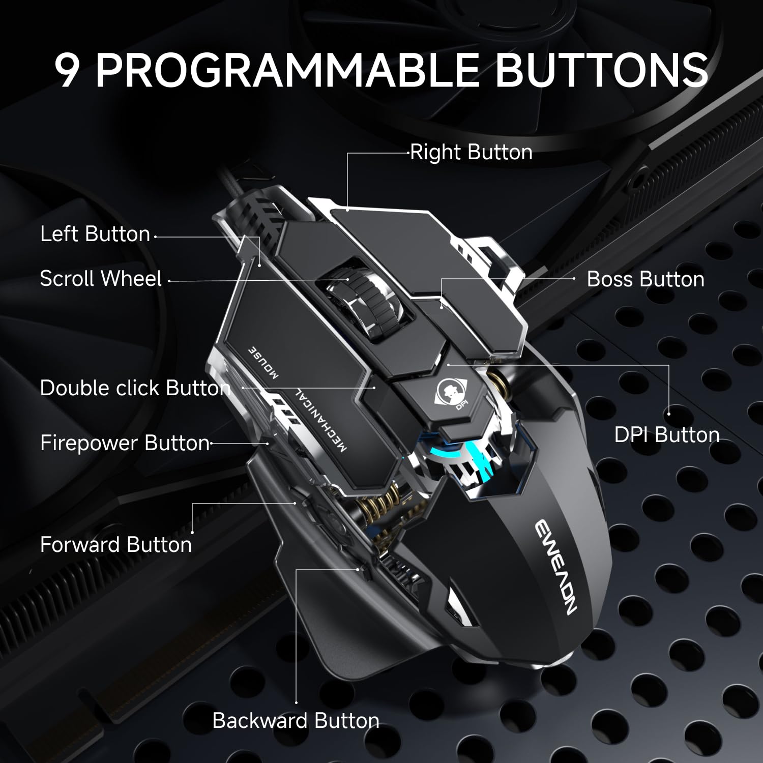 SEUNKWANG EWEADN G5 Souris de jeu filaire ergonomique, RVB, 12800 DPI réglable, 9 boutons macro programmables avec touche Rapid Fire, compatible avec PC/ordinateur portable/Windows - Noir et blanc