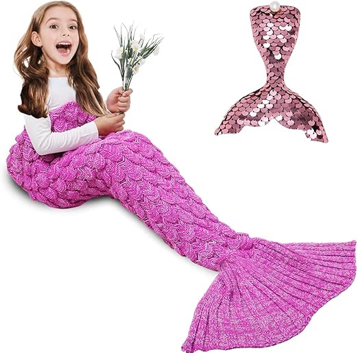 AmyHomie Mermaid Tail Blanket, Soft Crochet Sleeping Bag Blanket for Kids Adults, Mermaid Gift for Girls(ScalePink,Kids)