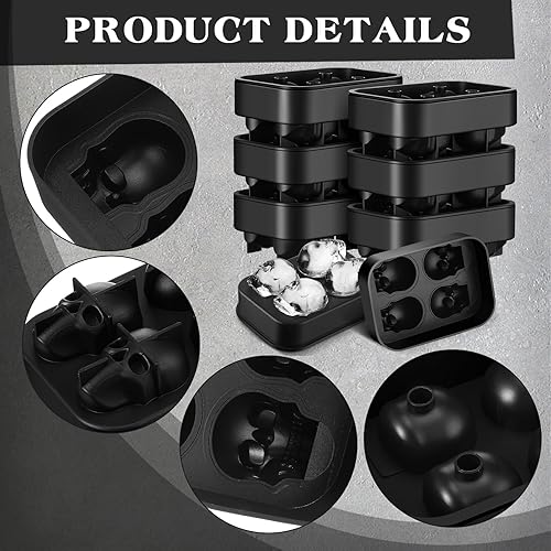 Miniatura 5 de Juego de 6 bandejas de molde de calavera para cubitos de hielo de silicona negra 3D, molde de hielo de calavera de 2 x 1.2 pulgadas, bandeja