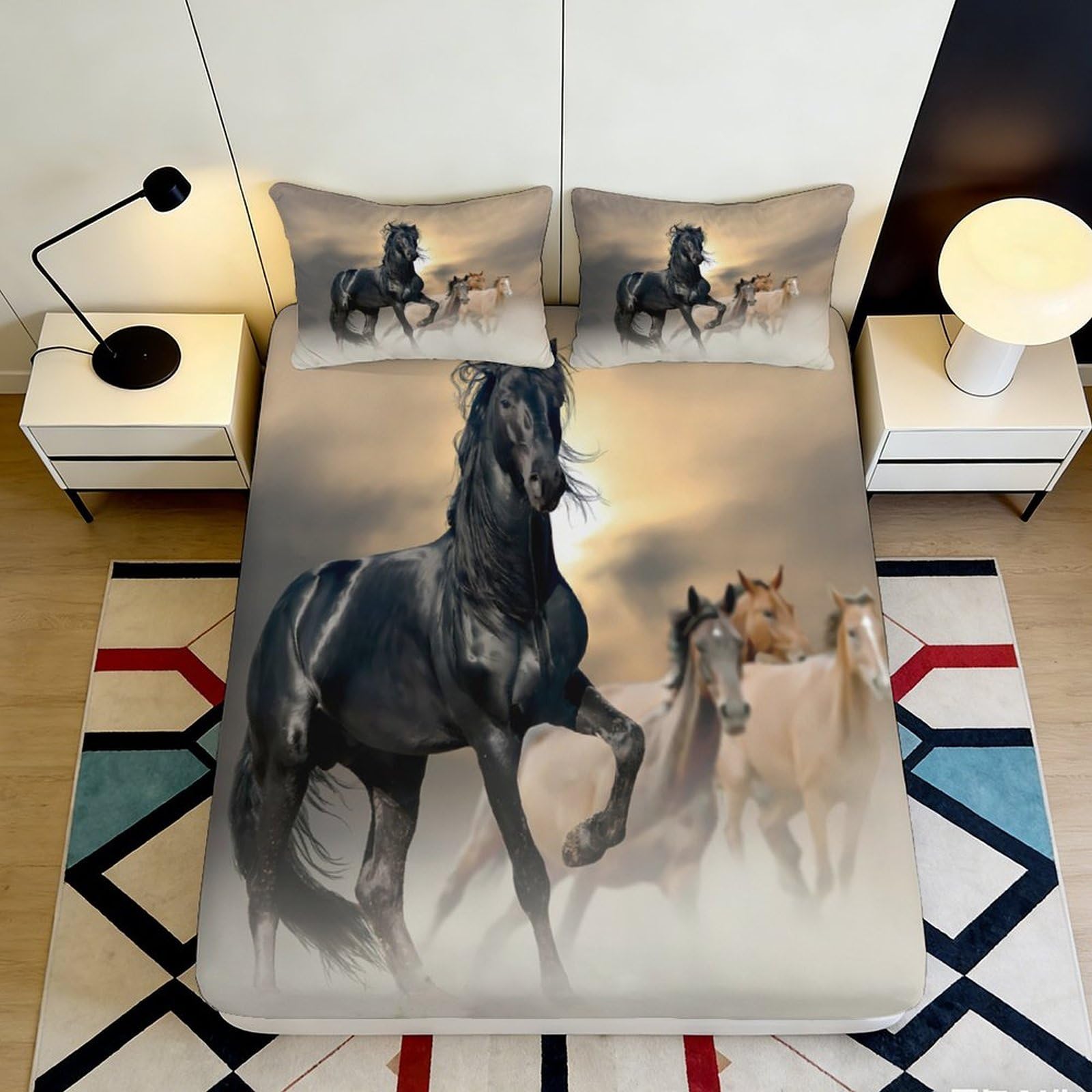3D Printed Black Horse Scene Fitted Sheet Microfiber Soft Breathable Wild Horses Bed Cover for Bedroom Guest Room Decor 120x200x25cm