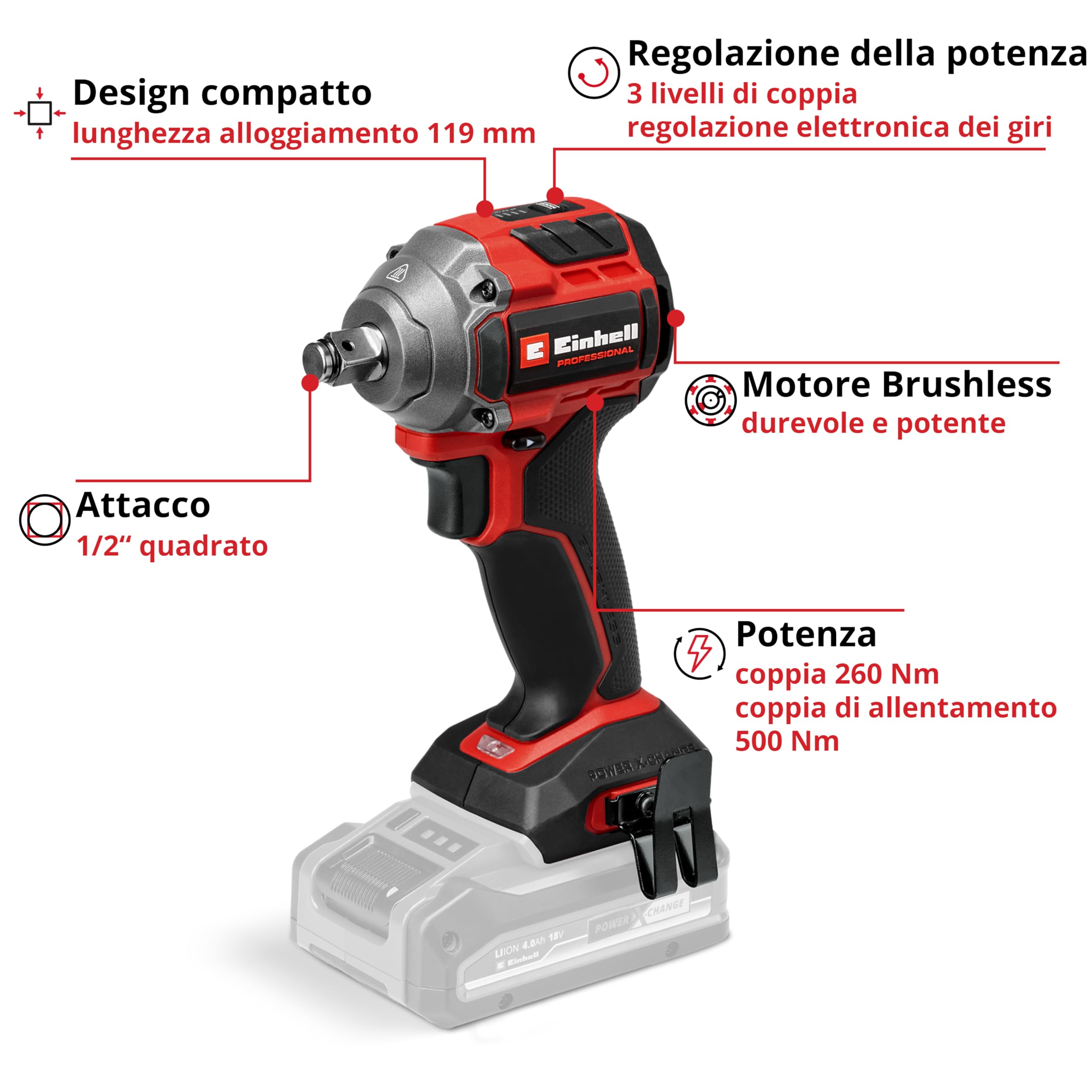 Einhell Professional Trapano a percussione a batteria TP-CW 18/260-C Li BL-Solo PXC (18 V, coppia 260 Nm, funzione di arresto automatico, Brushless, mandrino esagonale, batteria esclusa)