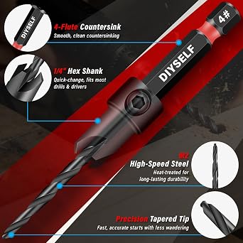 DIYSELF 15 PCS Countersink Drill Bit Set, M2 HSS Bits for Wood