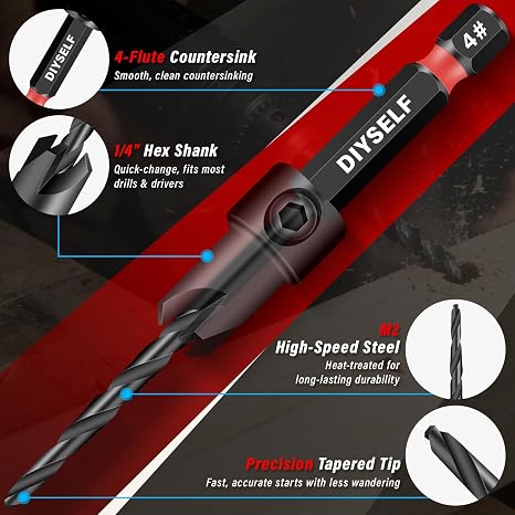 DIYSELF 15 PCS Countersink Drill Bit Set, M2 HSS Bits for Wood