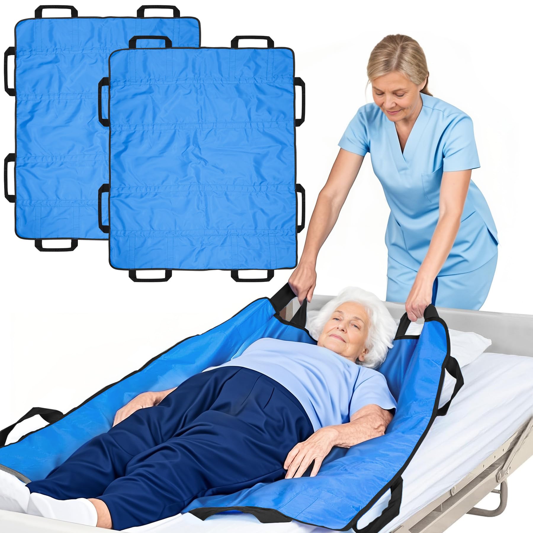 Paquete de 2 hojas deslizantes para mover pacientes en la cama, hoja de transferencia, sábanas para cama de hospital para ancianos, almohadilla de cama de posicionamiento con asas para girar