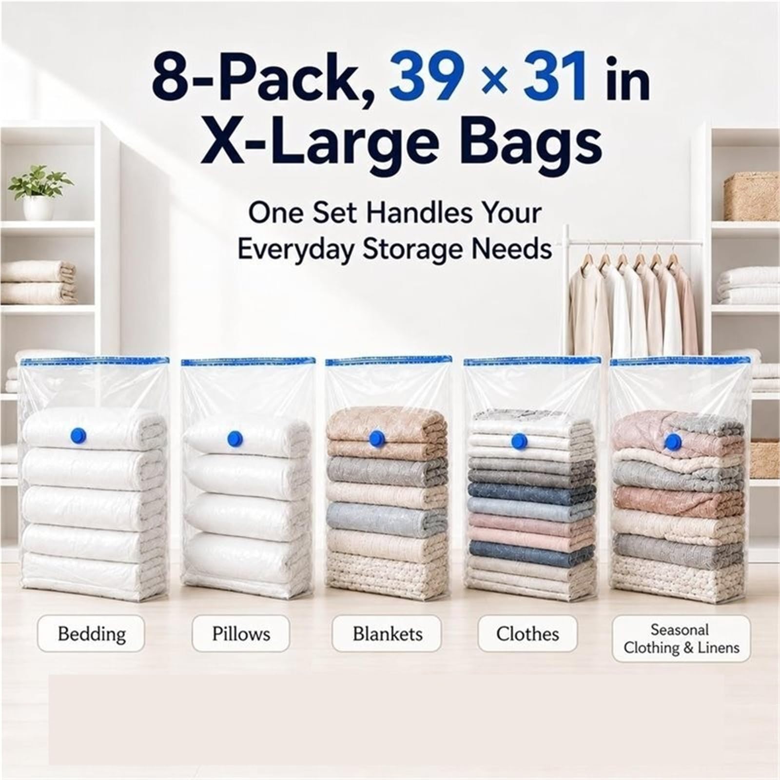 Vakuum-Kompressionsbeutel ABMR-X-Large Vakuum-Aufbewahrungsbeutel | 39 x 31 Zoll, 8er-Pack mit Handpumpe for Bettdecken, Decken, Platz for Bettwäsche