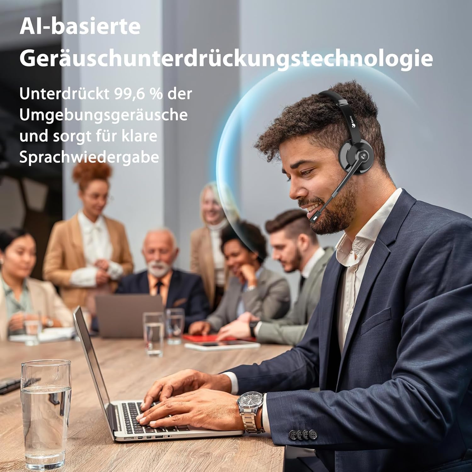Earbay Headset mit Mikrofon Bluetooth, Kabelloses Headset mit Rauschunterdrückung, inklusive USB-Dongle und praktischer Stummschaltung & Ladestation für Computer/Meeting/Handy/Call Center/Büro