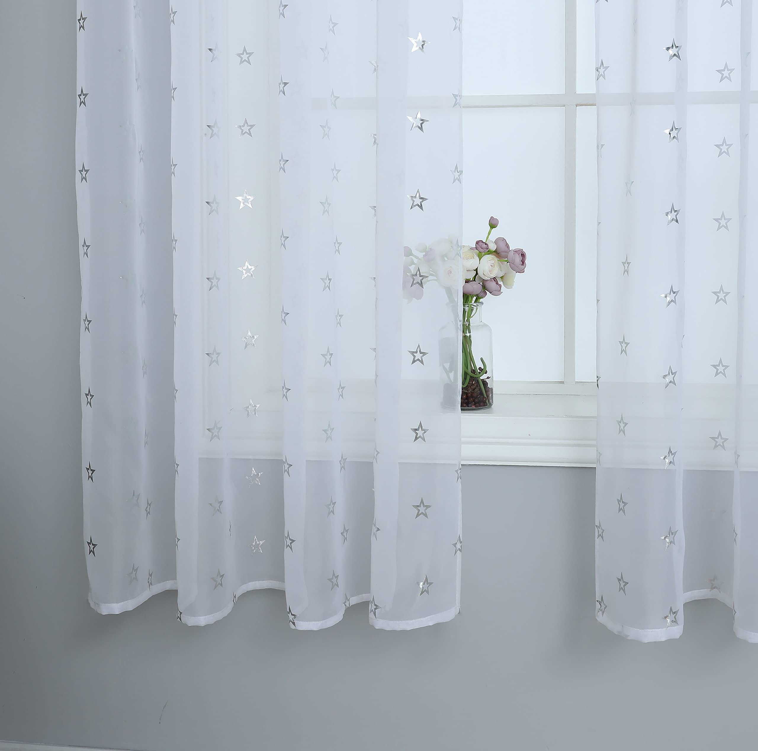 Star Voile Panel Metallic Silver Slot Top Pure Sheer White Voile Curtain Panel 63" (160cm) Drop