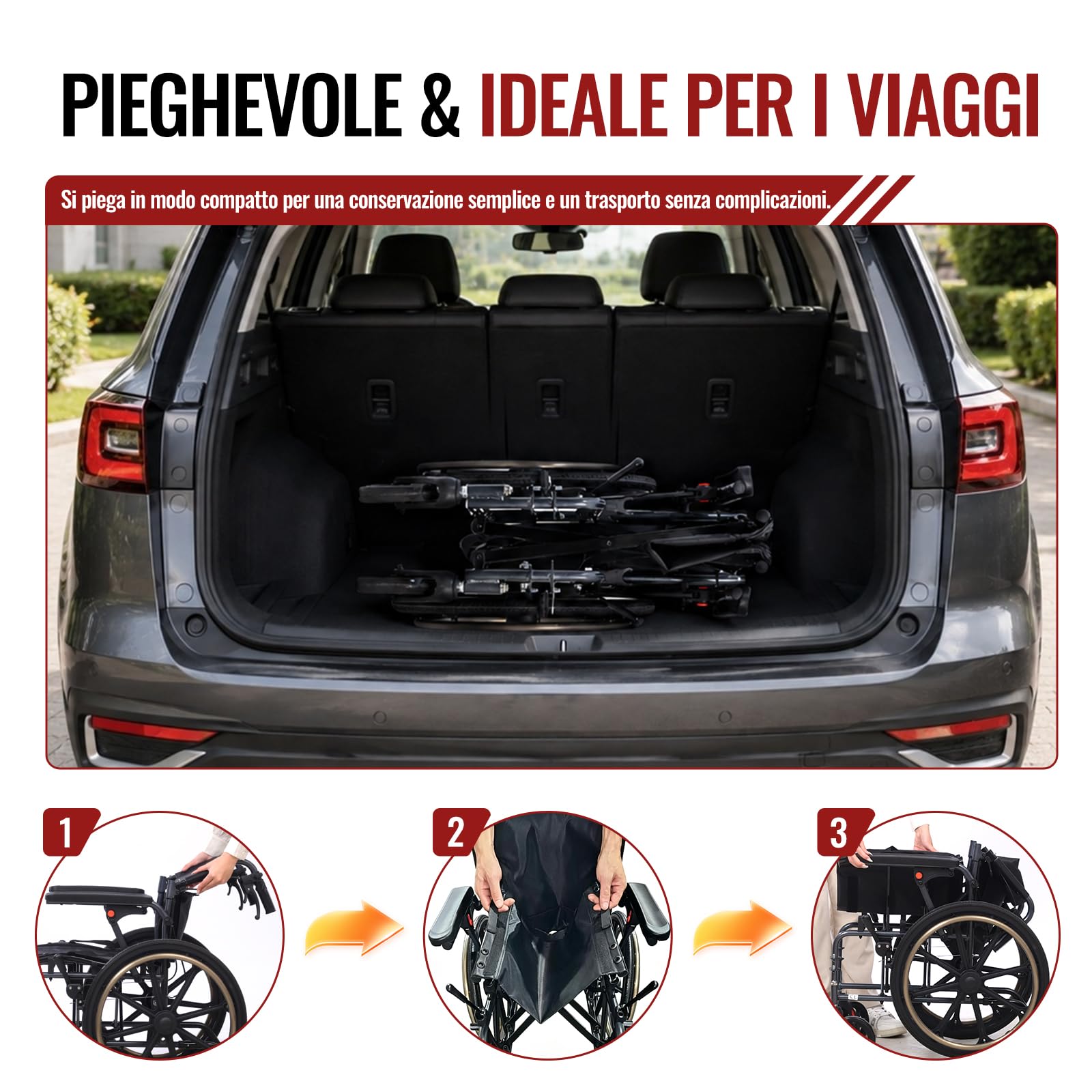 M4 Sedia a Rotelle Pieghevole Autopropulsata per Disabili Adulti Anziani