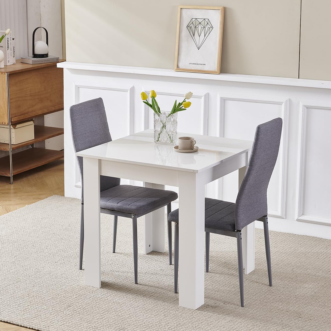 Homullel 75x75 cm Small Dining Table and 2 Chairs, 2 Seater Table and Chairs Set Kitchen Dining Room Set for 2, Compact, Space Saving, Wooden, Glossing Tabletop White (2 Seats, Linen Grey)