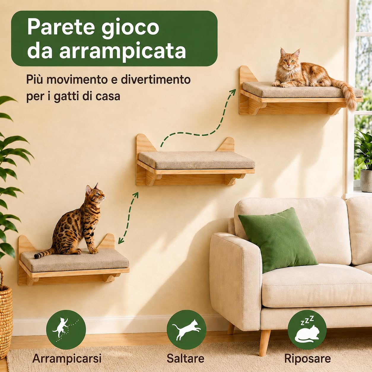 Parete di arrampicata per gatti, Set di mensole per Arrampicata per Gatti, mensola da parete per arrampicata, 38x27cm