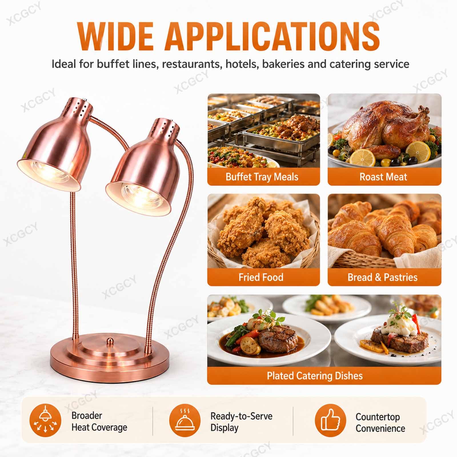 Lámpara De Mesa Térmica Infrarroja Comercial De 500 W con Doble Cabezal, Lámpara De Calor para Alimentos, 2 Bombillas 250 W, Cabezales 360° para Buffet, Catering Y Restaurante Rose Gold
