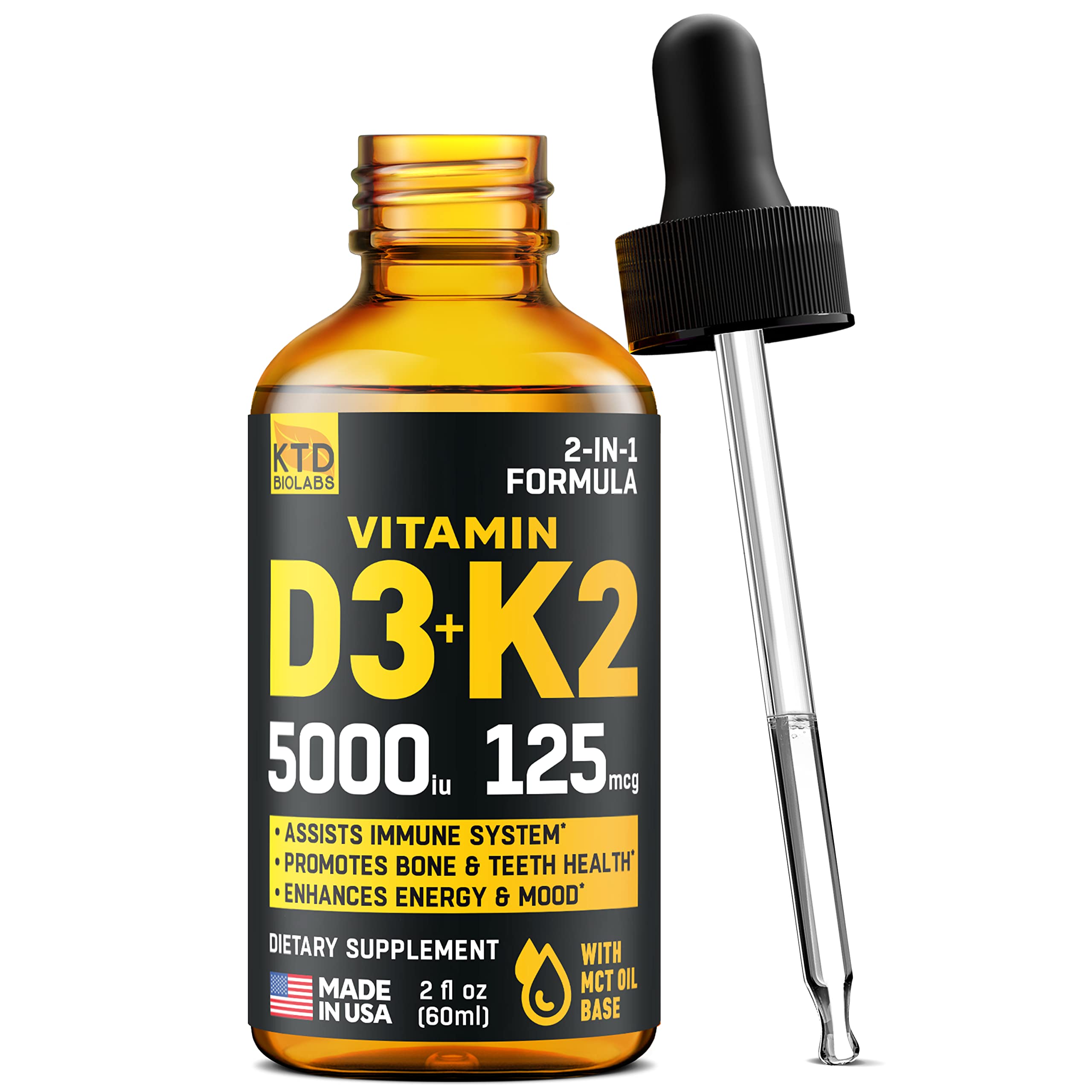 Vitamin D3 K2 (MK7) with MCT Oil - Made in USA - Liquid Vitamin D3 5000 iu + 125 mcg K2 Vitamin Supplement for Strong Bones & Teeth, Mood & Immunity Support - Highly Bioactive & Tasteless