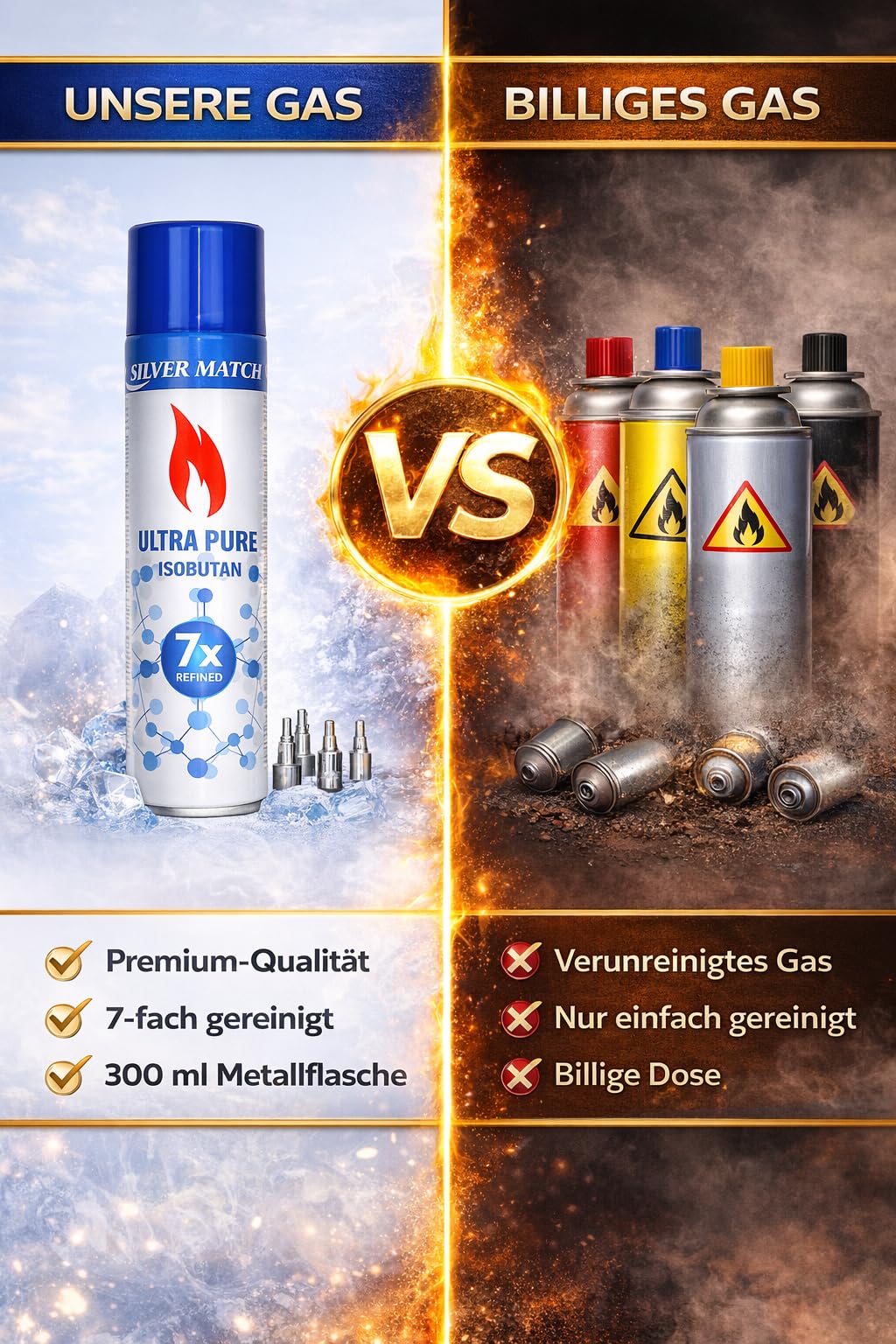 2X Premium Feuerzeuggas 300 ml – Ultra Reines Butan (7X gefiltert) inkl. 5 Adapter – Universal Nachfüllgas für Feuerzeuge, Sturmfeuerzeuge & Küchenbrenner