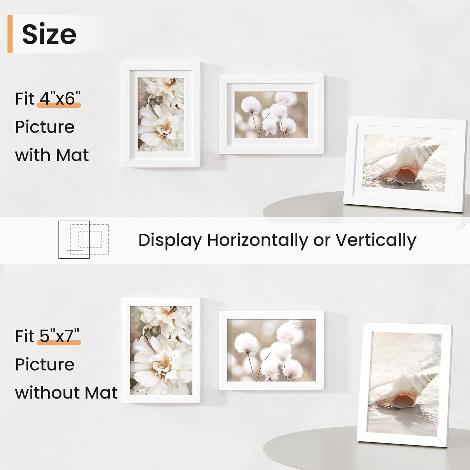 5x7 inch Picture Frame, 5x7 Photo Frames with 4x6 Removable Mat - High Definition Plexiglass - Vertical and Horizontal Display - Wall Hanging Frame - White, 5 Pack - Image 3
