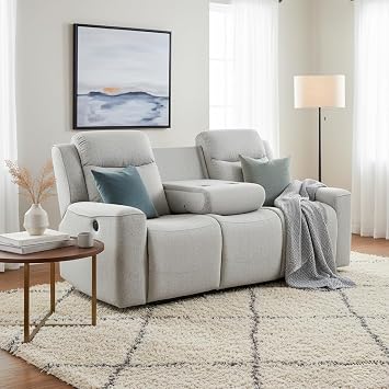 AC Pacific Amelia Upholstered Recliner Sofa with Dropdown Console and Cup Holders, Living Room Furniture with Stylish, Comfortable, and Versatile Design for Modern Homes, White