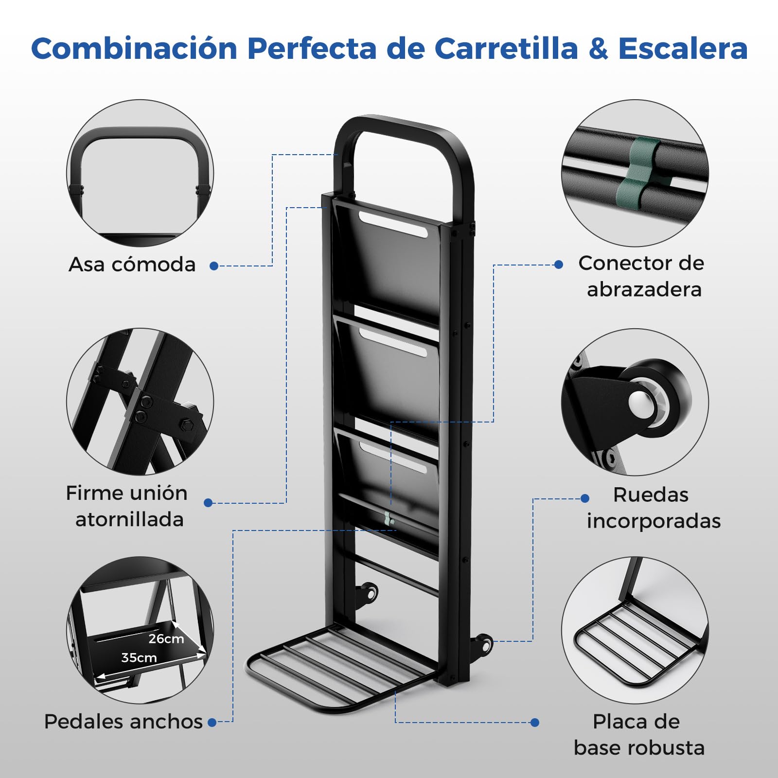 COSTWAY 2 en 1 Carretilla Plegable, Combinación de Carretilla de Mano & Escalera de 3 Peldaños, con 2 Ruedas y Bastidor Metálico Resistente, Carretilla Carga Máx 250 kg, Escalera Carga Máx 200 kg