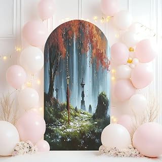 Wedding Arch Backdrop Cover 6.6FT Samurai Standing Waterfall Garden Swords Ground Art Spandex Fitted Arch Cover Round Top Stands Cover for Birthday Party Ceremony Banquet Decoration
