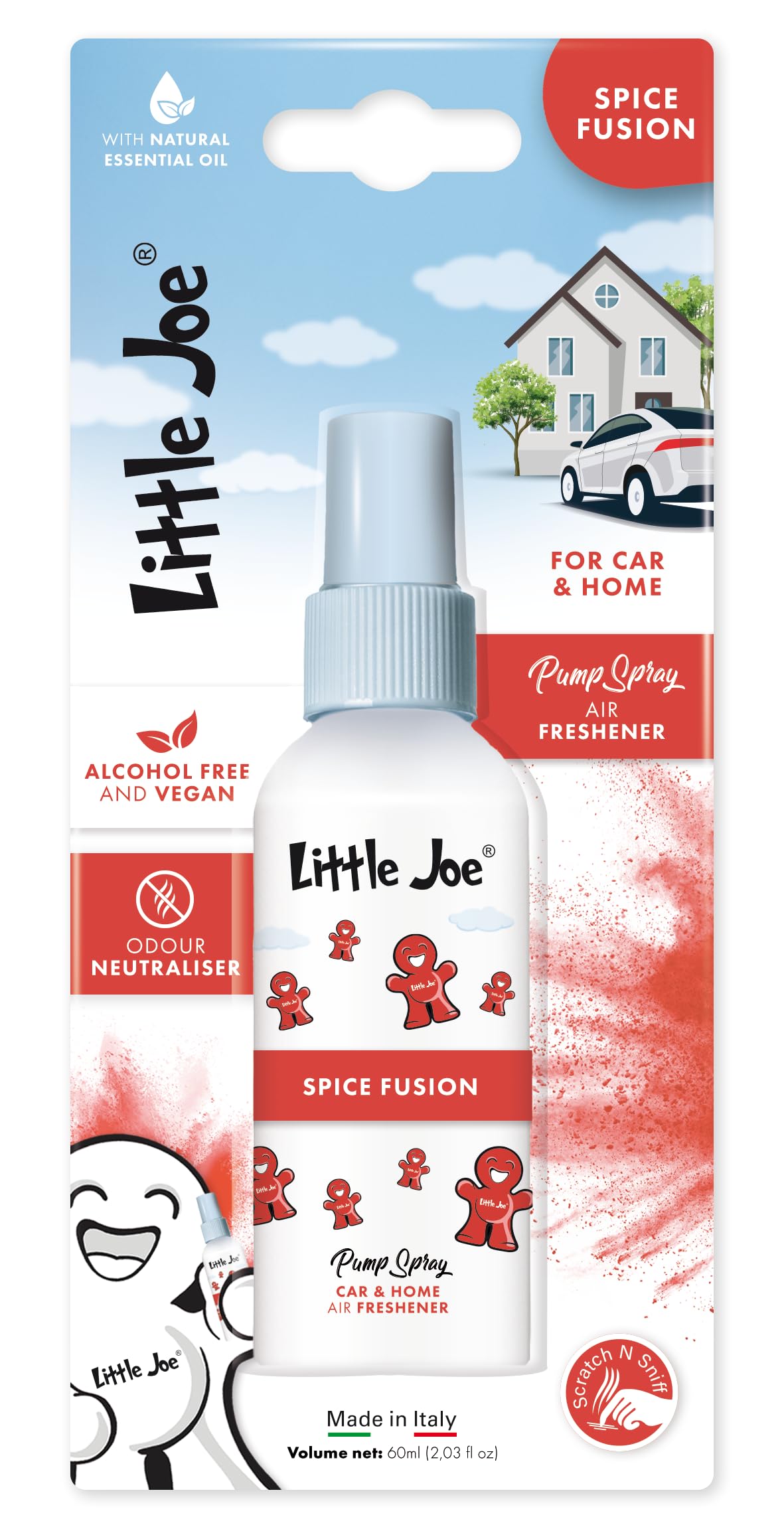 Little Joe 60 ml Spray Air Freshener Spice Fusion Scent with natural Essential Oils. Alcohol-free and Vegan. Long-lasting. Perfect for Car, Home and Office