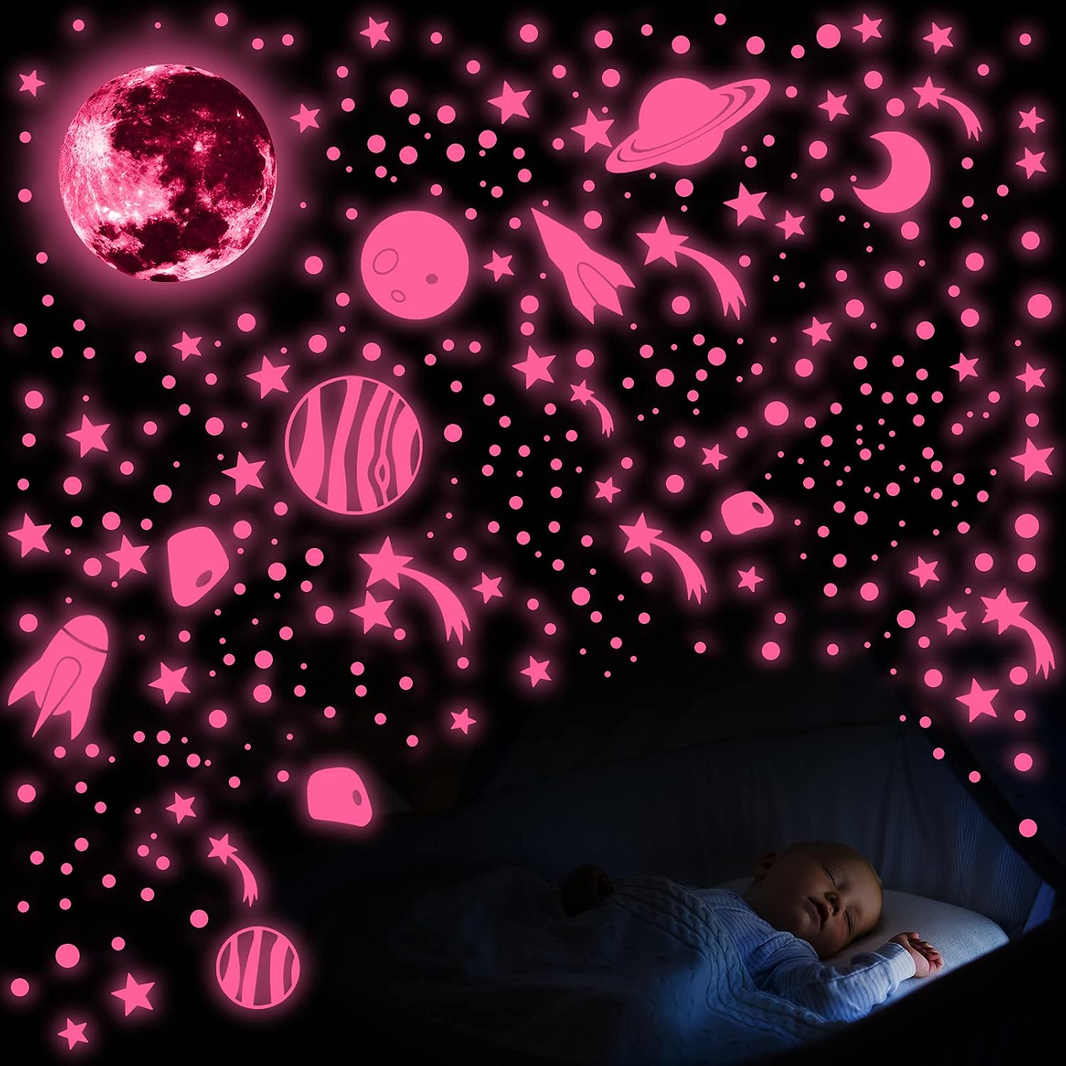 756 Pieces Glow in The Dark Wall Stickers Luminous Moon Planet Spaceship Wall Decals Fluorescent Star Ceiling Stickers for Home Bedroom Kids Room Party Wall Decorations (Fluo Pink)