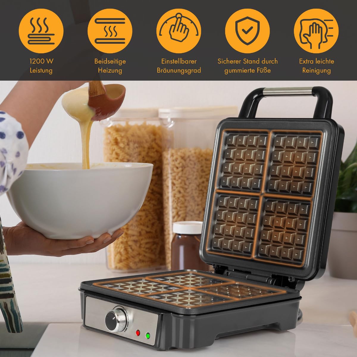 ProfiCook® PC-WA 1241 - Piastra per waffle belghe con 4 superfici di cottura, piastra per waffle belga, superficie di cottura antiaderente | grado di doratura regolabile | acciaio inox | 1200 Watt |