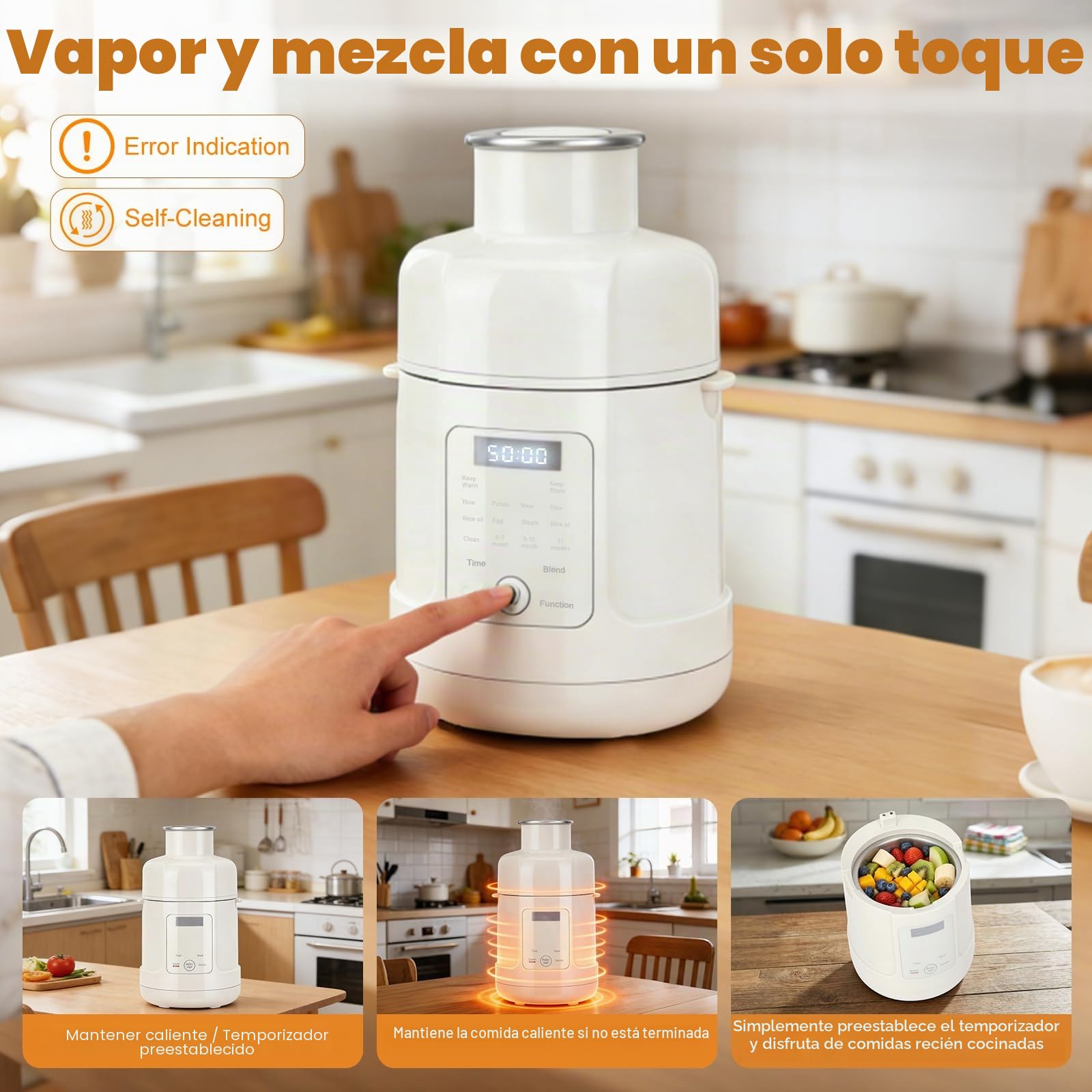 Preparador de bebés 500W – Todo en uno: cocina al vapor, tritura, calienta con temporizador – Purés desde 4 meses – Pantalla táctil, programas auto, autolimpieza – Acero inoxidable