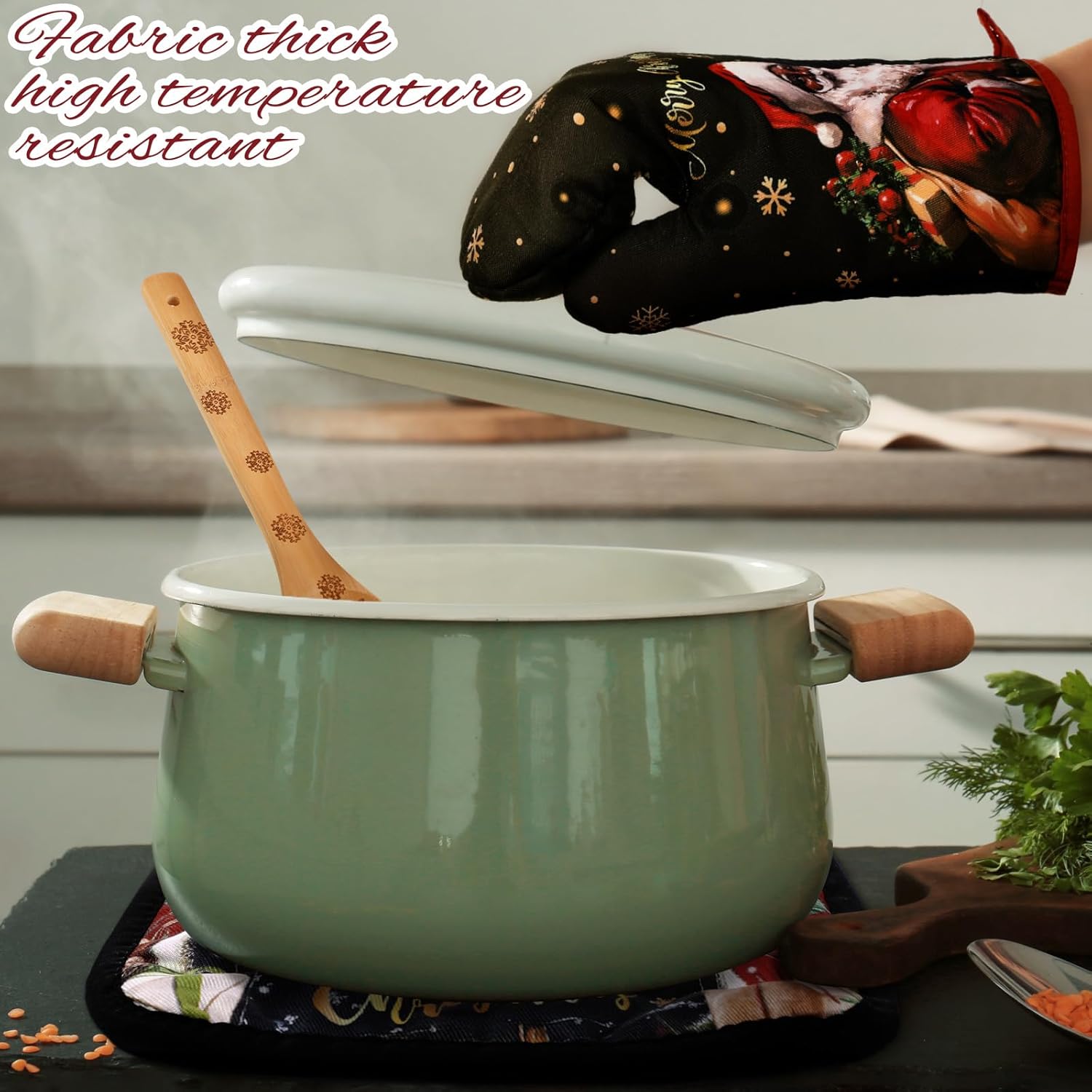 Bencailor 13 Pcs Christmas Kitchen Sets Christmas Aprons Oven Mitts and Pot Holders Dish Towels Wooden Spoons for Xmas Gifts(Red Black,Santa)