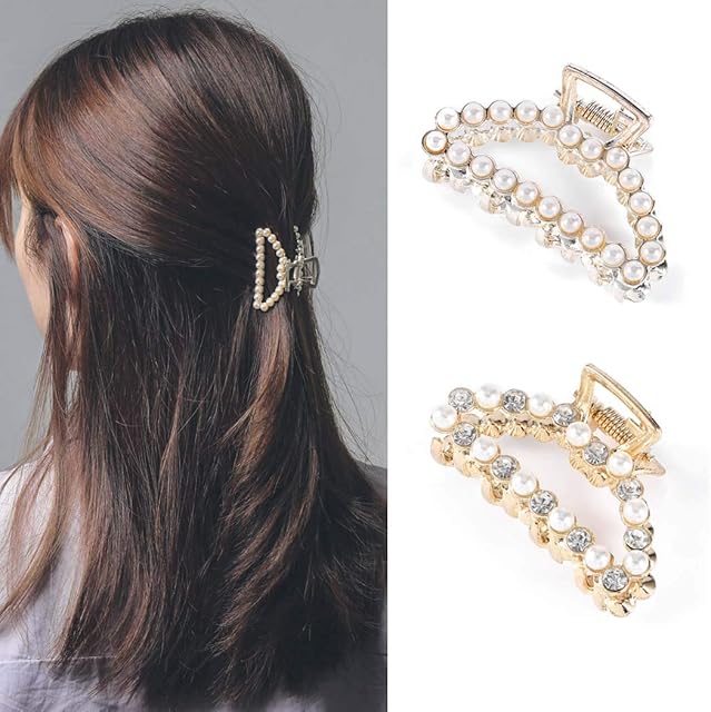 Runmi Hair Claw Barrettes White Hair Clip Non Slip Clamps Medium Pearl Hair Clips Hair Accessories for Women and Girls (Pack of 2)