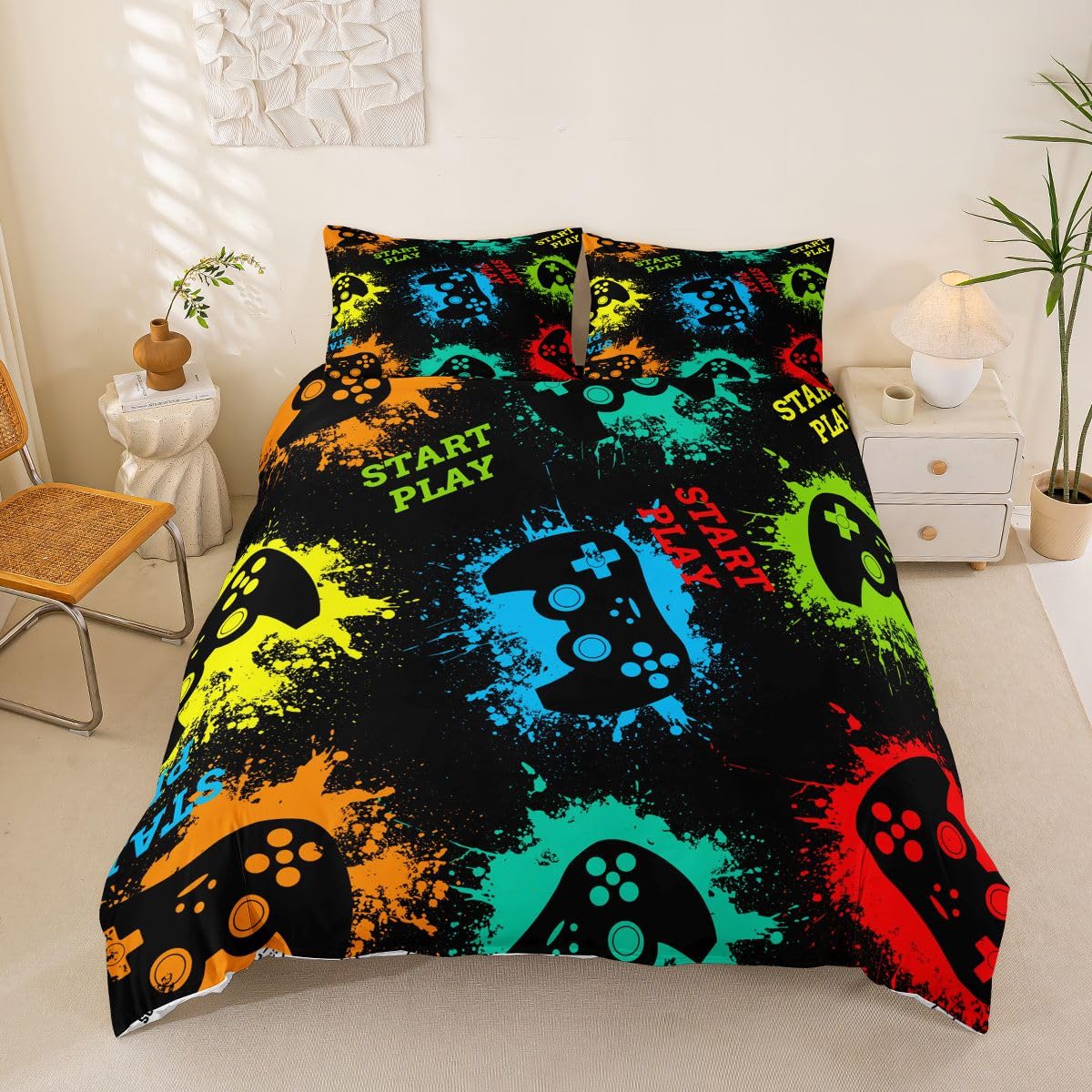 Boys Gamer Duvet Cover Set Colorful Watercolor Gamepad Print Bedding Set Kids Teens Gaming Console Video Game Comforter Cover Game Controller Quilt Cover with 2 Pillowcase 3Pcs Bedding Double — image 1
