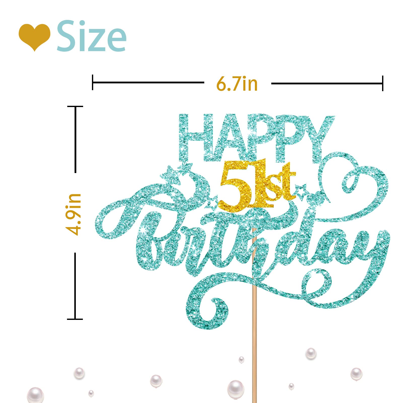 Sky Blue Glitter Happy 51st Birthday Cake Topper, Fifty One Years Old Birthday Party Cake Decor, Gold Number 51 Birthday Party Supplies Decorations for Man or Woman