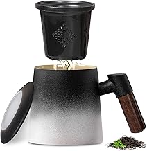 Ceramic Mug with Filter and Lid, 420 ml Tea Cup with Tea Strainer and Lid, Tea Cups with Infuser and Strainer, Coffee Cup with Wooden Handle, Wooden Handle Mug