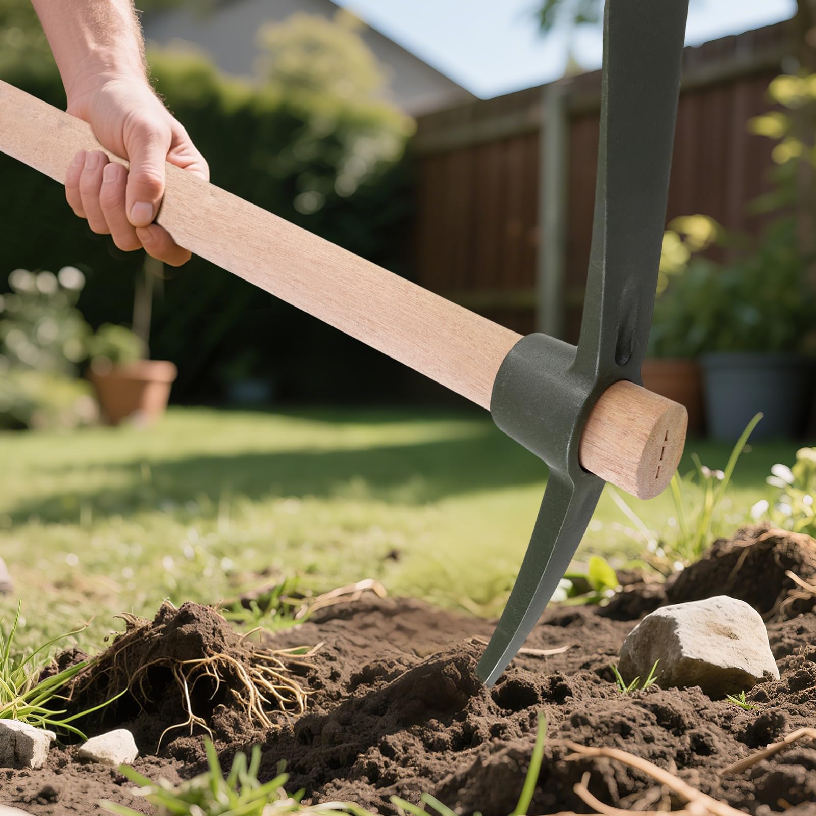 Lot de 2 houes en bois avec manche en bois, pioche de jardin 38 x 29 cm en acier noir