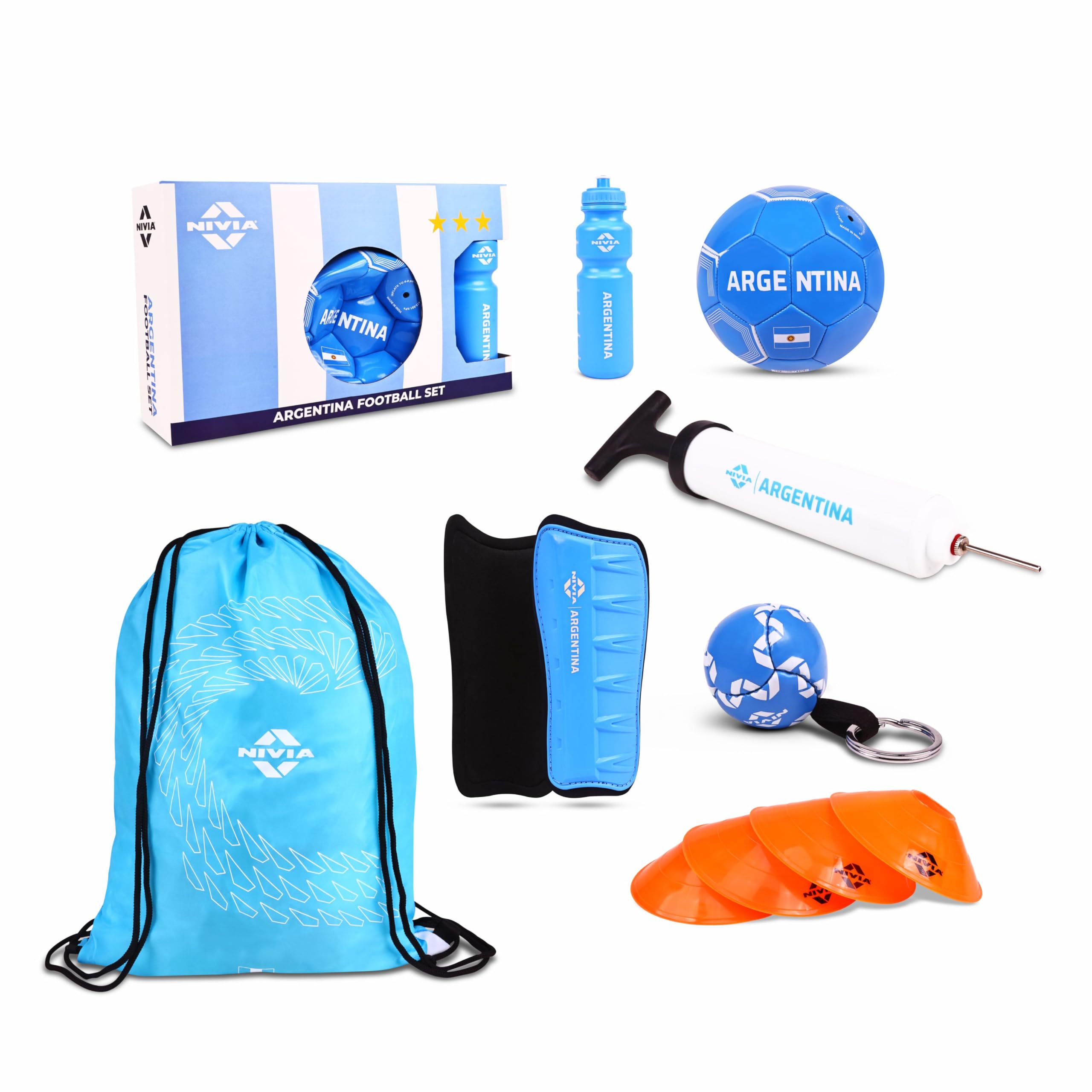 NIVIA Football Combo Pack of 7, 1 PVC Football, 1 Pair Shin Guard, 1 Ball Pump, 1 Carry Bag, 1 Water Bottle - 750ML, 4 Pcs Saucer Cone, 1 Football Key Ring, Size-5 (Argentina)