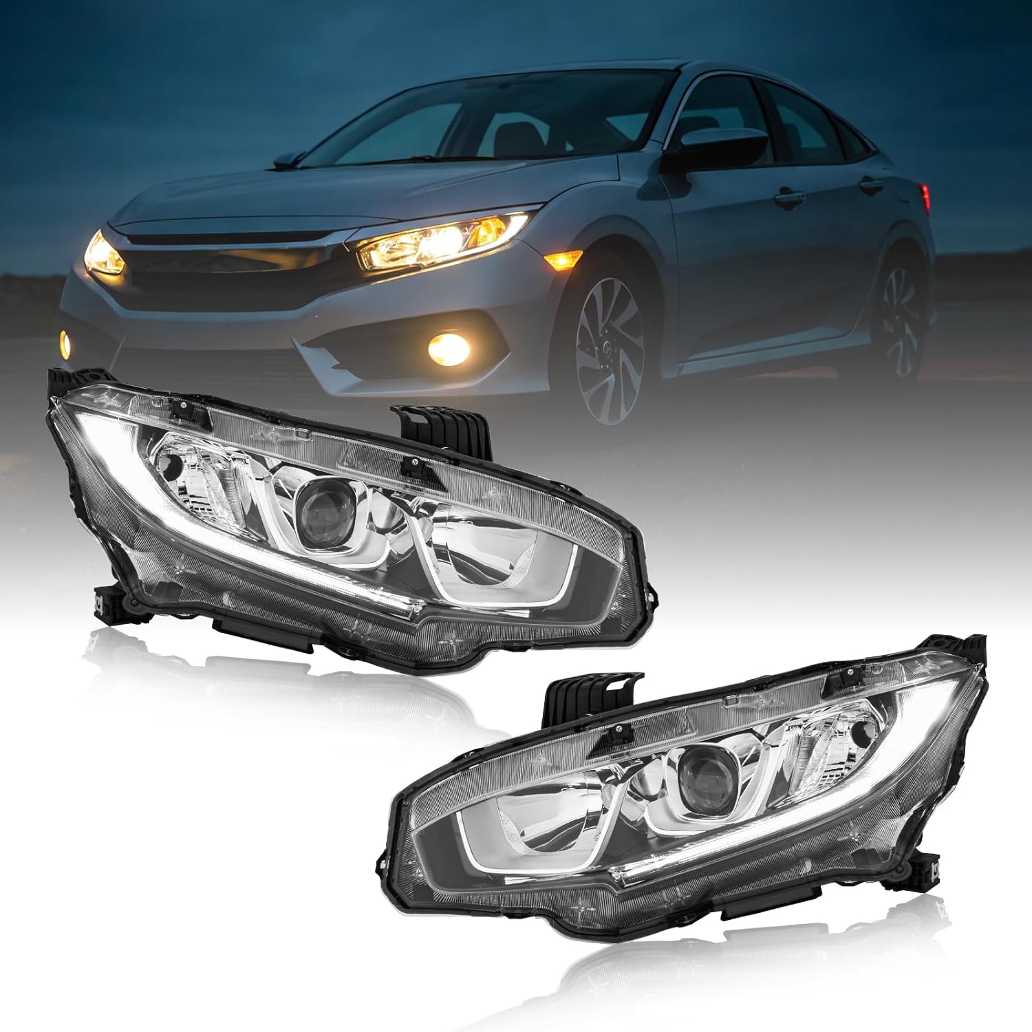 Right Passenger Side Halogen Projector Headlights Assembly Fits For Honda Civic 2016-2021 With LED DRL Without Light Bulb Clear Housing with Chrome Reflector Replaces # 33150-TBA-A1