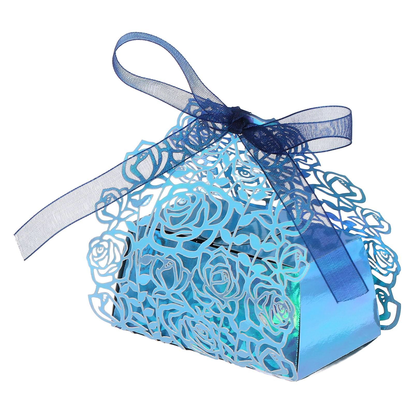 PATIKIL Laser Cut Rose Candy Boxes,(Blue) (50Pcs), Creative Romantic Favors Gift Boxes with Ribbons for Wedding/Birthday Party/Anniversary/Baby Shower