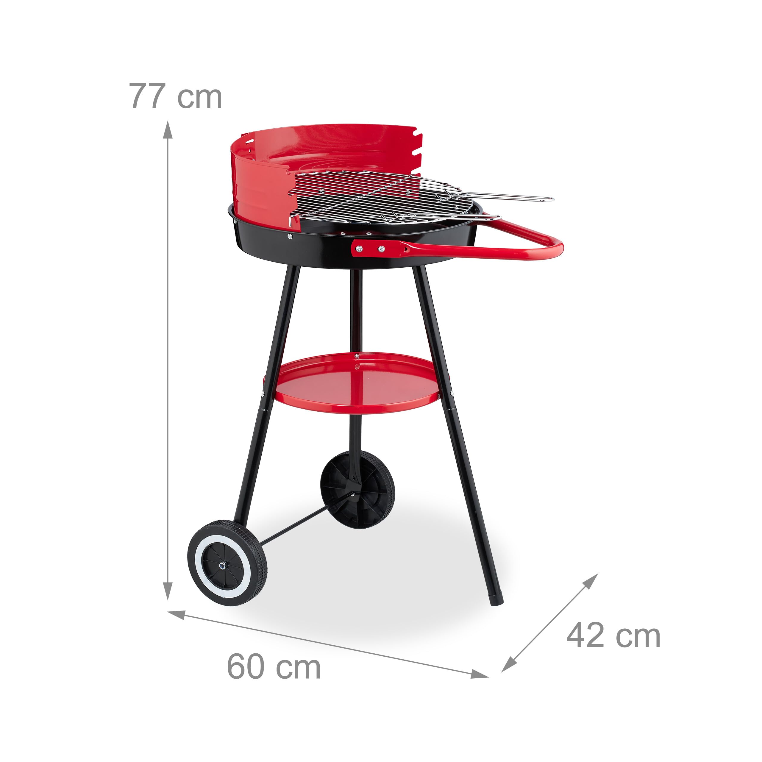 Relaxdays Holzkohlegrill mit Rollen, Ø 42 cm, Picknickgrill Garten & Park, Griller, Windschutz, Rundgrill, schwarz/rot