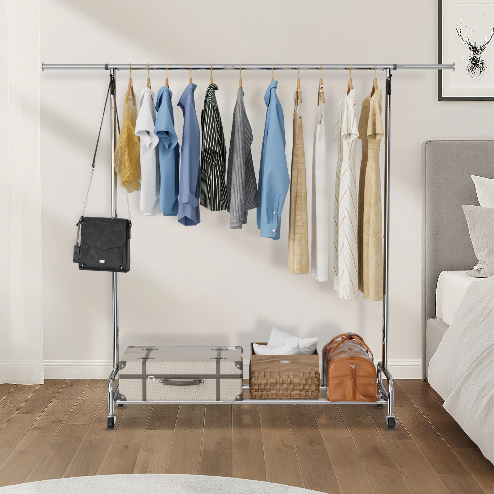 Hochbelastbarer Kleiderständer mit Rollen, 47,05„ bis 65,94“ verstellbarer Kleiderständer aus Chrom zum Aufhängen von Kleidung, mit Feststellbremse für Schlafzimmer, Waschküche, Lagerraum