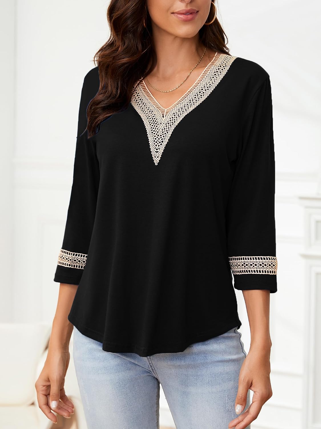 Rinethy 3/4 sleeve shirts for women casual Guipure Lace V Neck Bouse Color Block Dressy T Shirt Tops