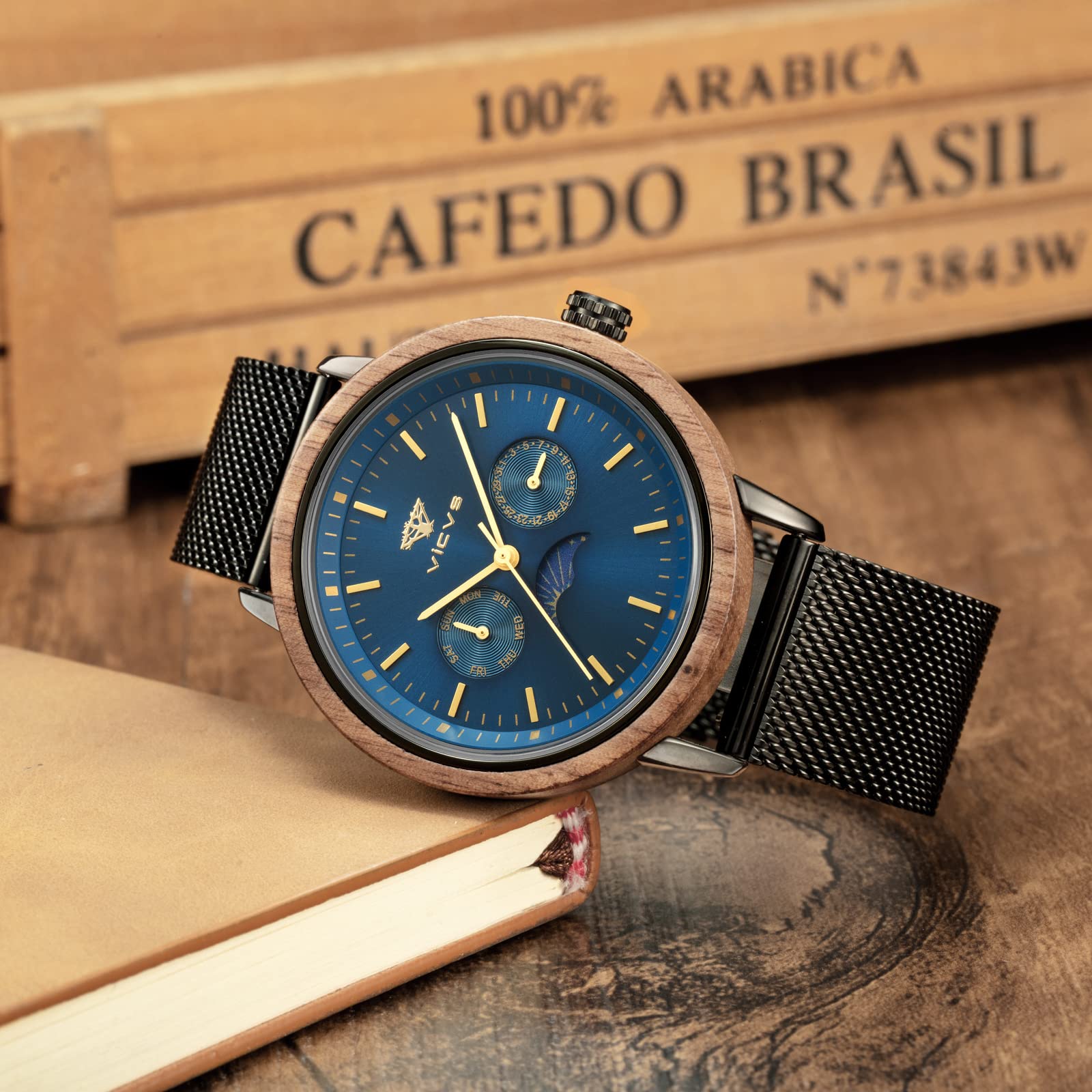 Orologio da uomo in legno L'orologio è realizzato in legno e acciaio inossidabile con un orologio in legno con fasi lunari e data che è sia casual che sportivo