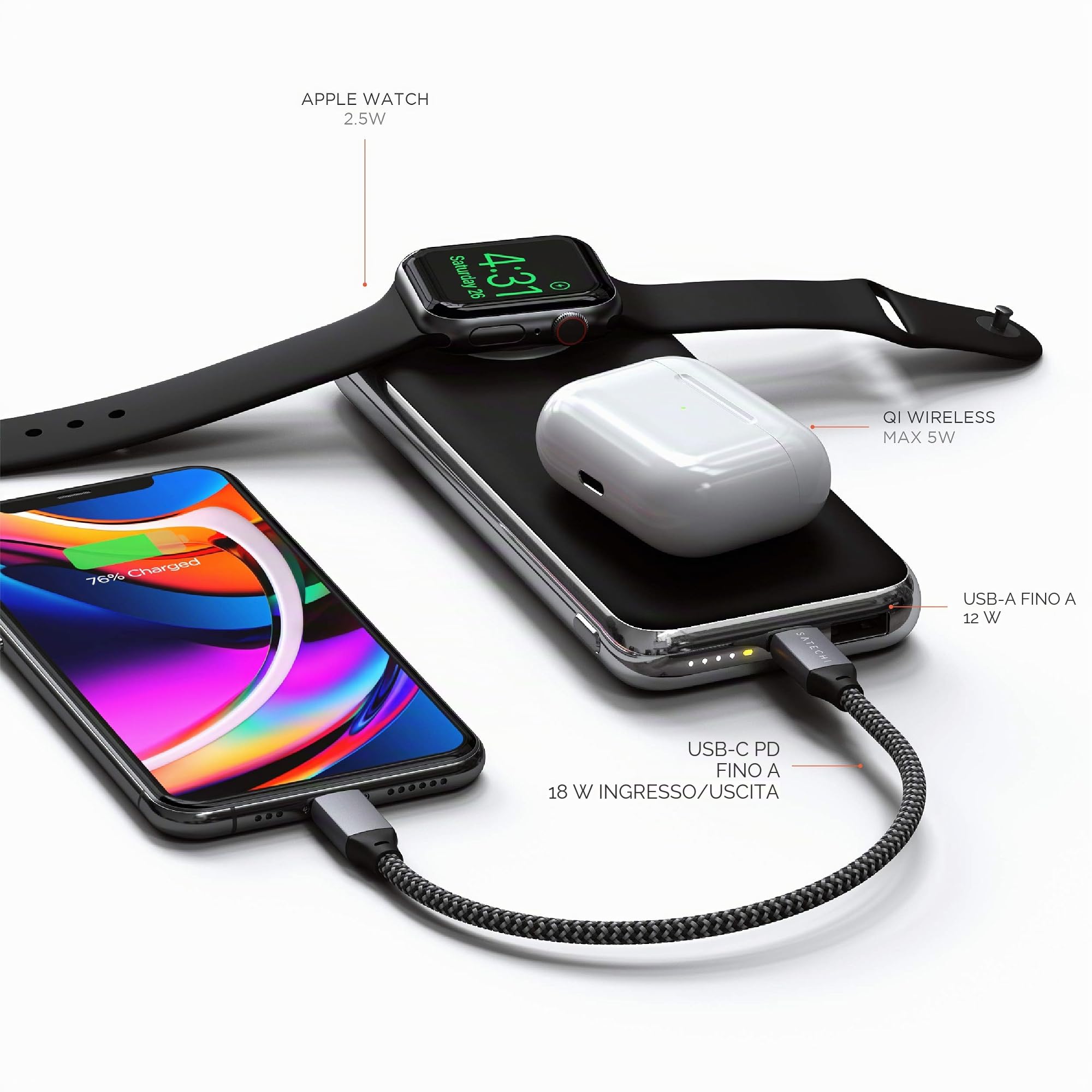 SATECHI Power Bank Wireless Quatro 10000mAh | Ricarica Serie iPhone 17-12, Apple Watch e AirPods, tutto in un'unica batteria portatile