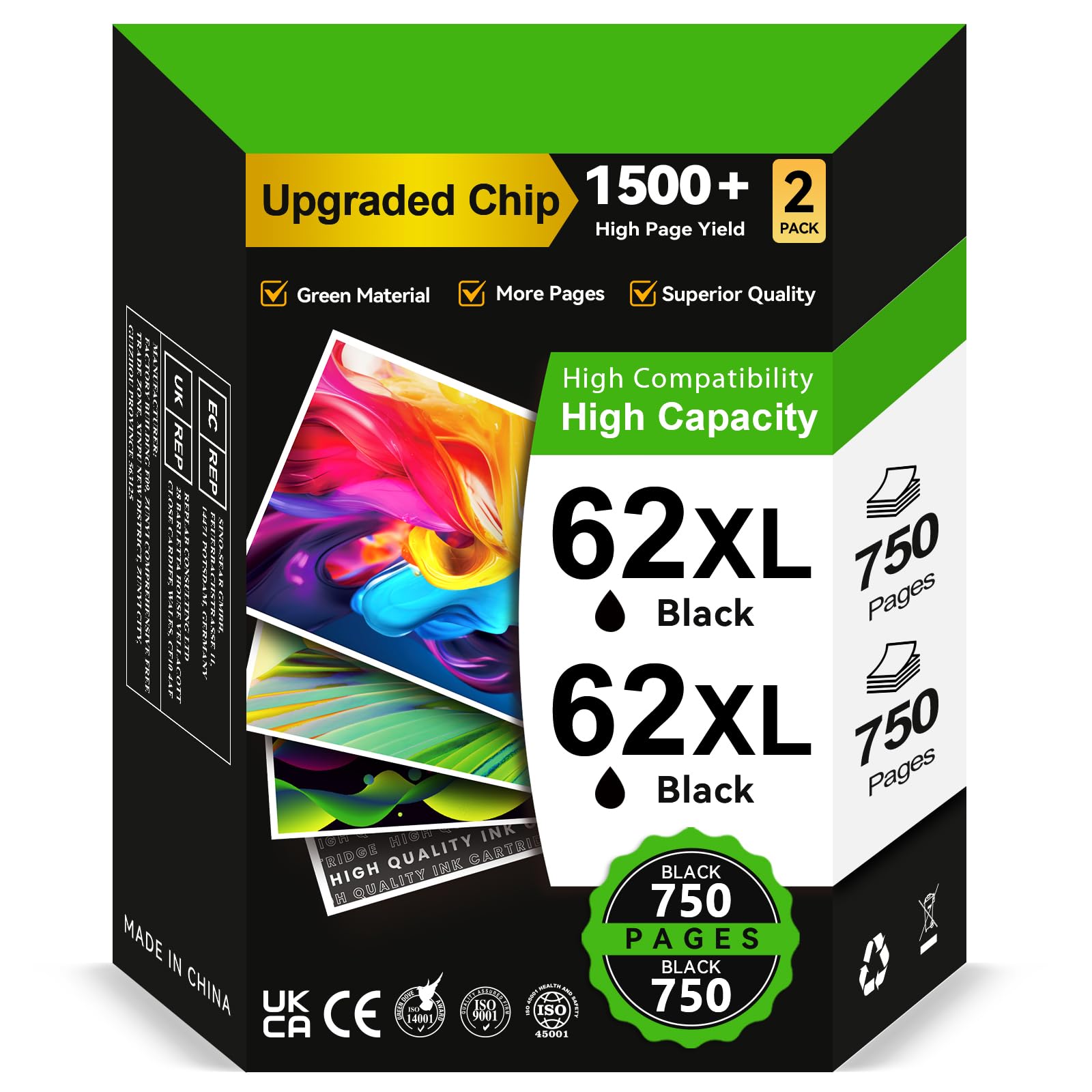 Tinta 62 XL Negro- 2X 750 Páginas, Reemplazo para Cartuchos Tinta HP 62 Negro Original, Tinta Impresora 62 XL Negra para OfficeJet 200 250 5742 5740 Envy 7640 5540 5640 5544 5646 5548 5545 5547 5541