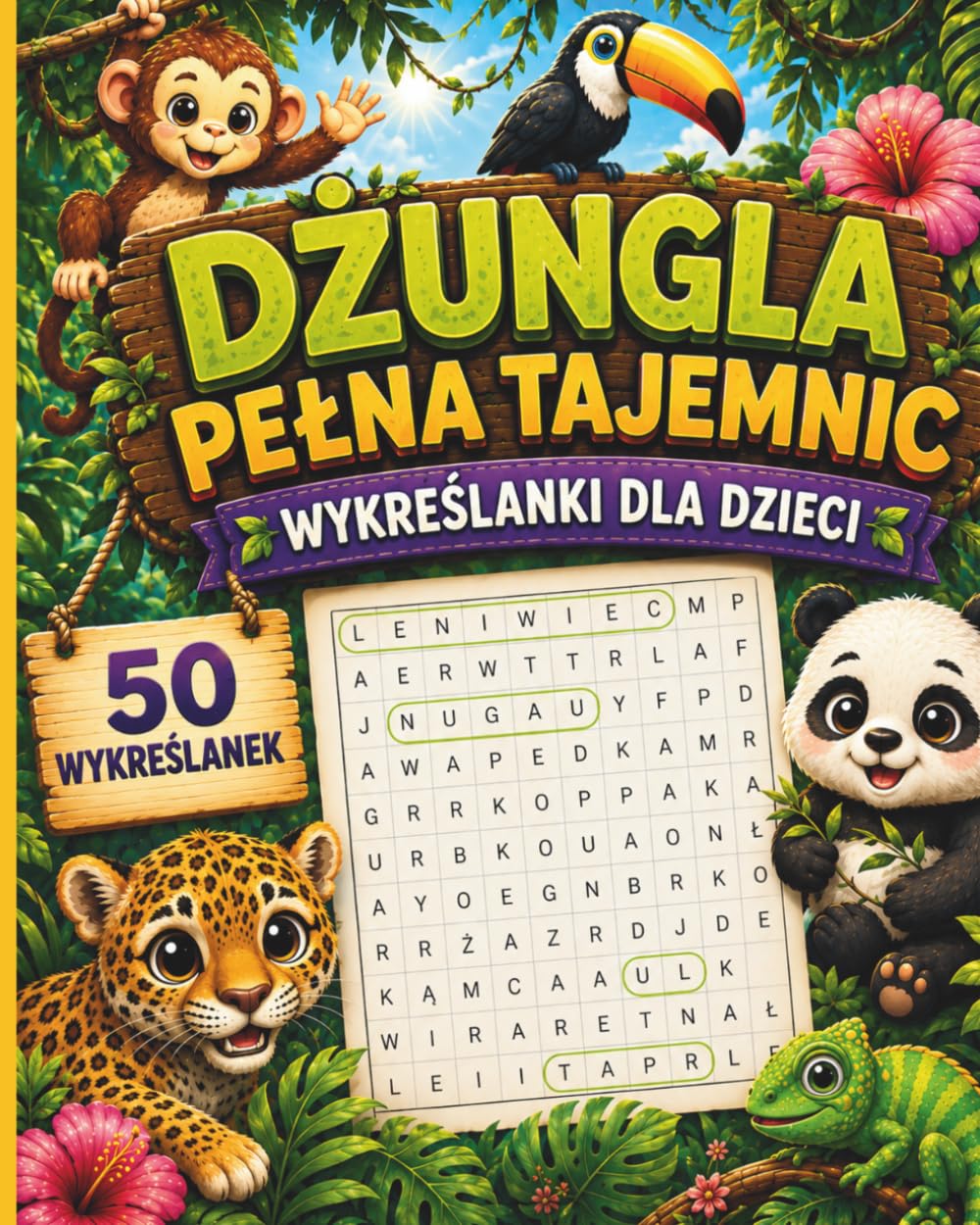 Dżungla pełna tajemnic: 50 wykreślanek dla dzieci