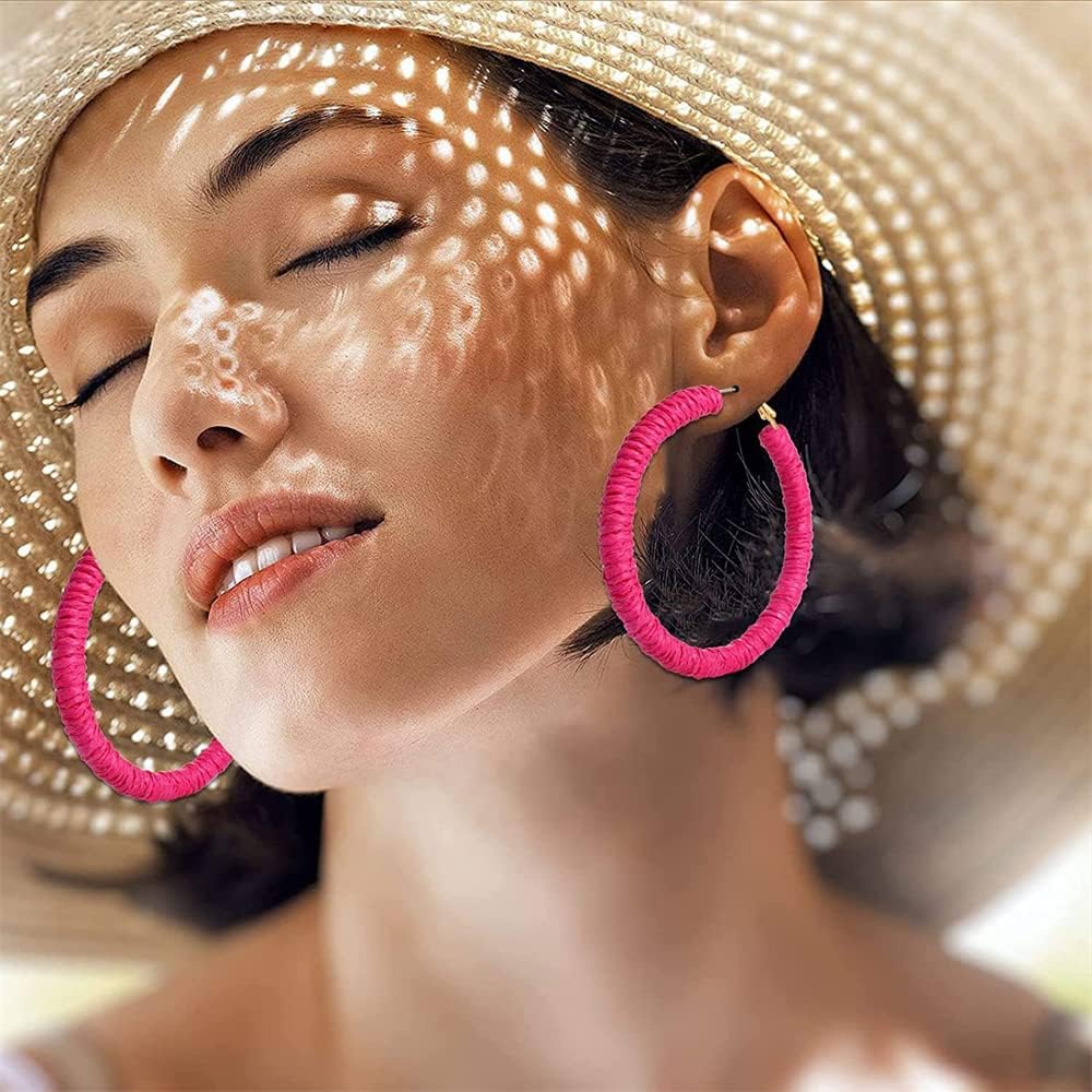 Handmade Rattan Earrings - Large Circle Braided Straw Wicker Drop Earrings - Light Weight Summer Hoops - Image 3