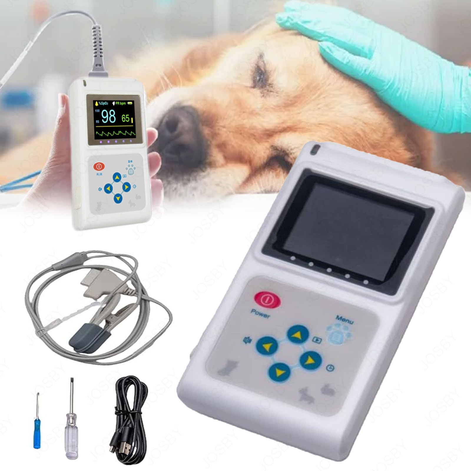 Oxymètre vétérinaire à écran couleur, moniteur de fréquence cardiaque portable, capteur auriculaire/lingual, avec sonde et câble USB, fonctions de stockage et de lecture, pour chiens, chats, familles