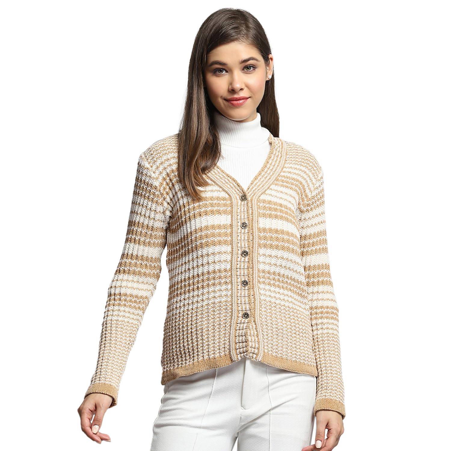 Womens Stripped Beige V Neck Full Sleeve Cardigan_1243635VN-2