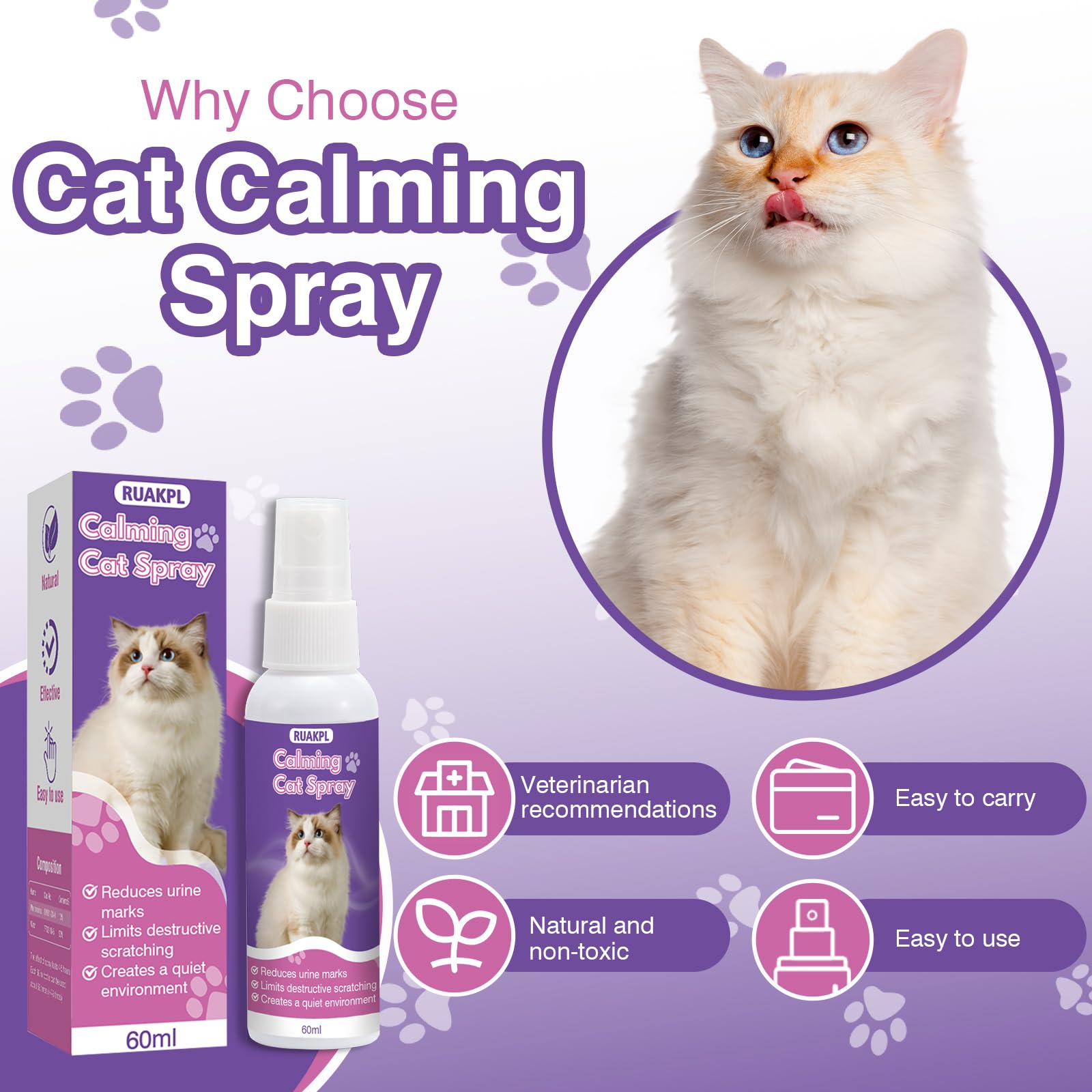 Cat Calming Spray 60 ML 2 Pack Calming Solution for Cats Cat Pheromone Spray Reduces Stress Anxiety Scratching Calming Spray for Cats Good for Home Travel Cat Pheromones Calming Spray - image 4